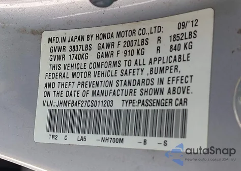 2012 Honda Civic Hybrid from USA, damaged, VIN JHMFB4F27CS011203